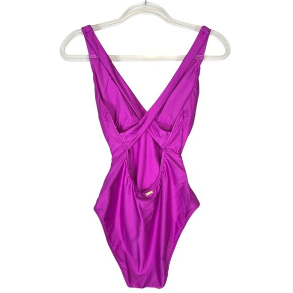 L'Agence Shimmer Solids Lisa Plunge One-Piece Swimsuit Orchid Pink Small NEW - Picture 3 of 11